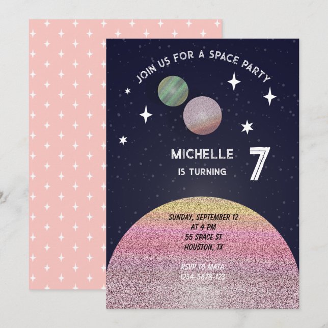 Invitation Fête d'anniversaire de l'espace en rose (Devant / Derrière)