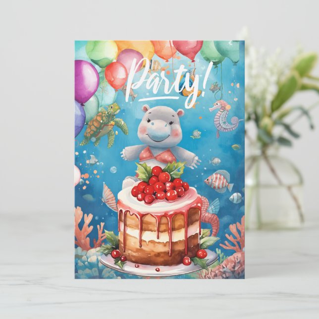 Invitation Fête d'anniversaire de l'Hippopotame sous l'eau (Debout devant)