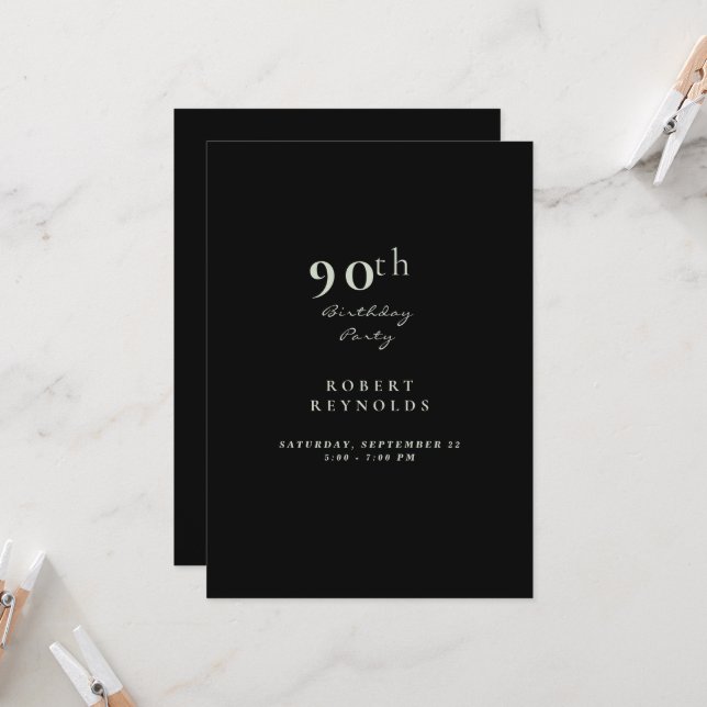 Invitation Fête d'anniversaire de l'homme 90th Simple Black (Devant/Arrière en situation)
