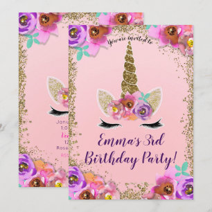 Invitation Fête d'anniversaire de licorne avec fleurs et pail