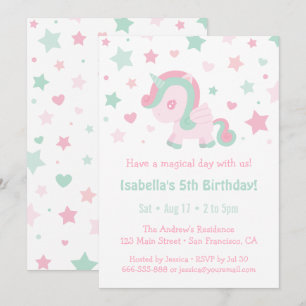 Invitation Fête d'anniversaire de licorne rose menthe verte p