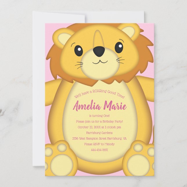 Invitation Fête d'anniversaire de Lion Rose (Devant)