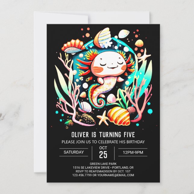 Invitation Fête d'anniversaire de l'océan Axolotl sur mesure (Devant)