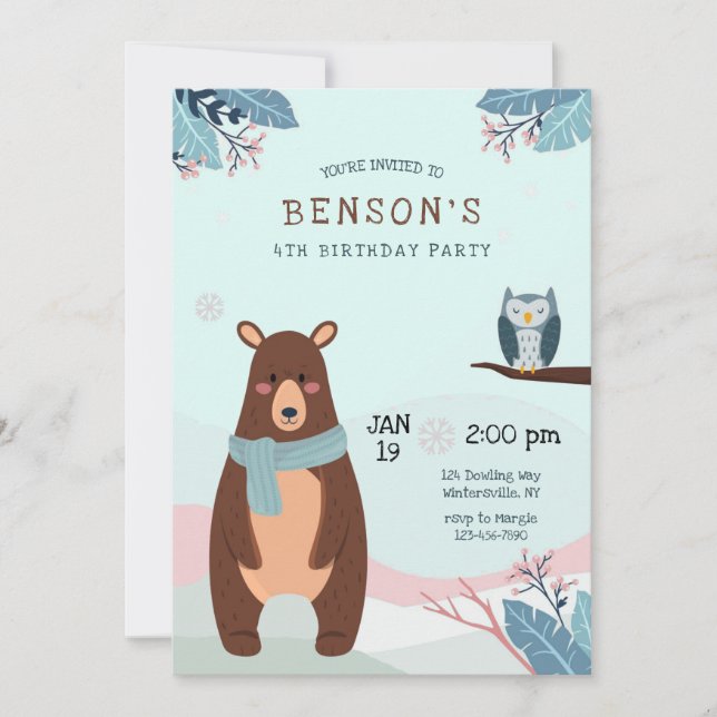 Invitation Fête d'anniversaire de l'ours Brown d'hiver (Devant)