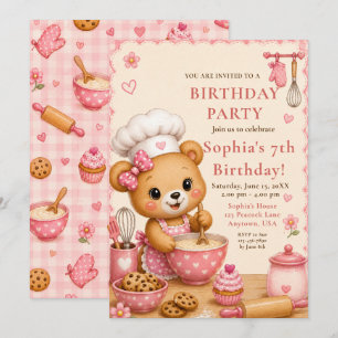 Invitation Fête d'anniversaire de l'ours rose 7 ans