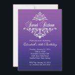 Invitation Fête d'anniversaire de l'Sweet sixteen violet mode<br><div class="desc">Commencez votre sweet sixteen de filles avec notre magnifique Ombre et l'élégante invitation florissante du sweet sixteen. Notre invitation sucrée et contemporaine à 16 soirées présente un cadre vintage en damas blanc avec des accents en feuilles, sur un arrière - plan mauve moderne et à l’ombre. Retourner l'invitation pour trouver...</div>