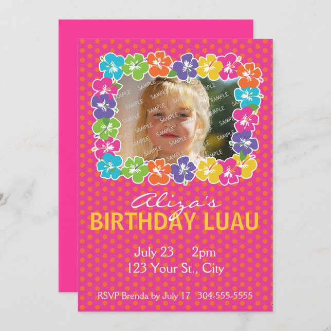 Invitation Fête d'anniversaire de Luau (Devant / Derrière)