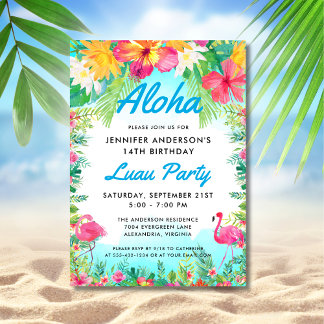 Invitation Fête d'anniversaire de luau flamant rose d'alohah