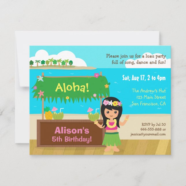 Invitation Fête d'anniversaire de Luau sur le thème hawaïen d (Devant)