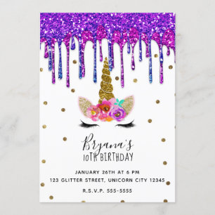 Invitation Fête d'anniversaire de l'Unicorn Purple & Pink Par