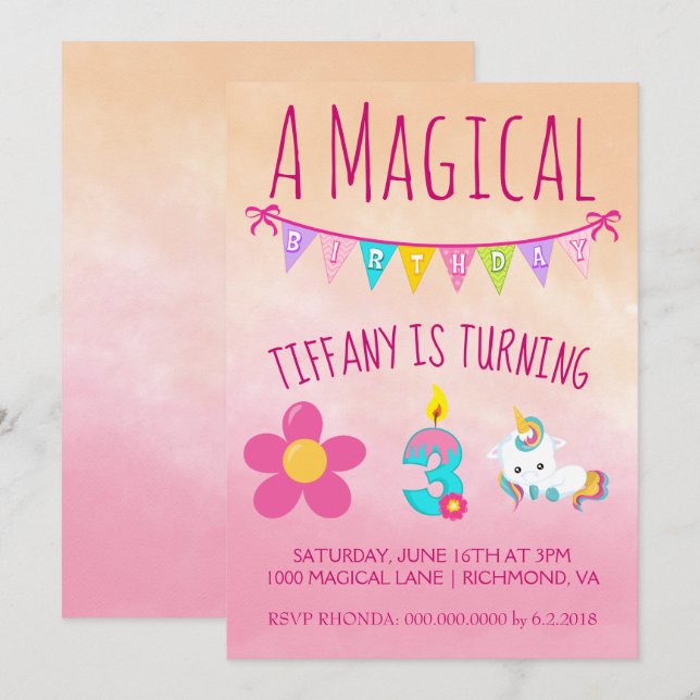 Invitation Fête d'anniversaire de l'Unicorne, 3 ans (Devant / Derrière)