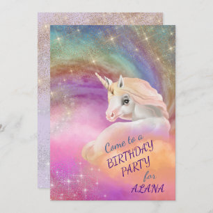 Invitation Fête d'anniversaire de l'Unicorne Sparkly Rainbow 
