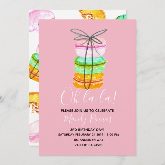 Invitation Fête d'anniversaire de macaron rose (Devant / Derrière)