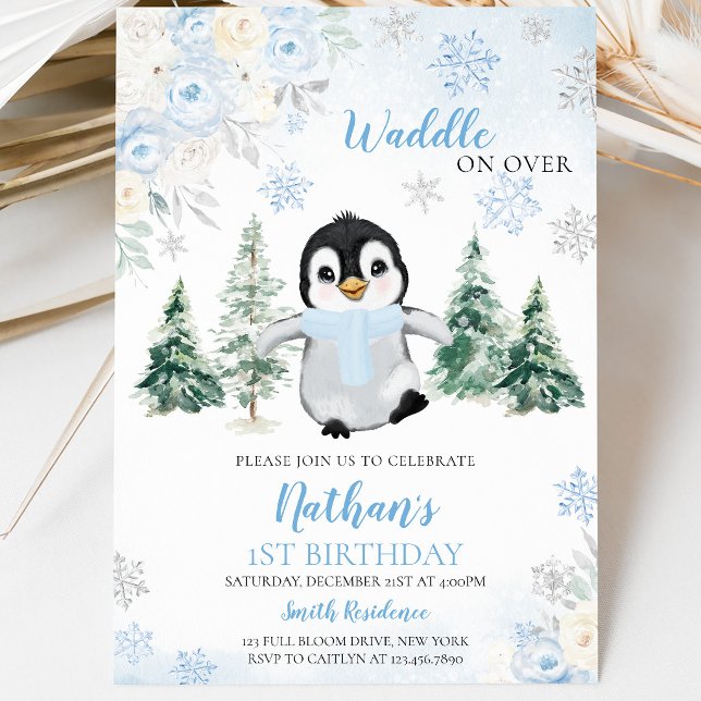 Invitation Fête d'anniversaire de Manchot Hiver Bleu (Créateur téléchargé)