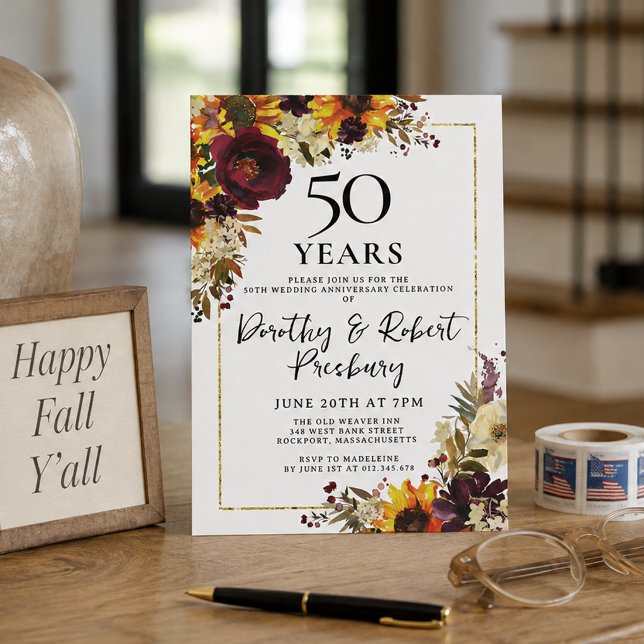 Invitation Fête d'anniversaire de mariage 50 ans Fleurs d'aut (Créateur téléchargé)