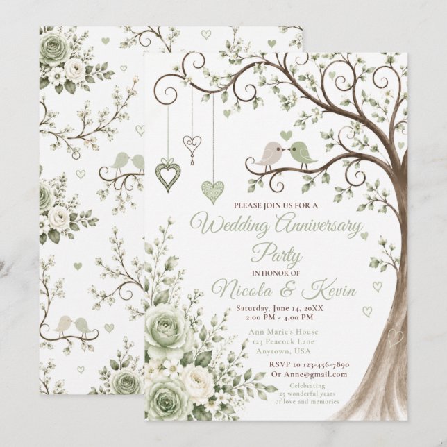 Invitation Fête d'anniversaire de mariage aux fleurs vert sau (Devant / Derrière)