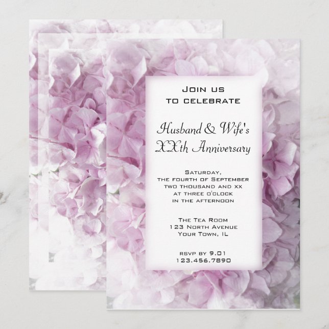 Invitation Fête d'anniversaire de mariage aux Hortensias Rose (Devant / Derrière)