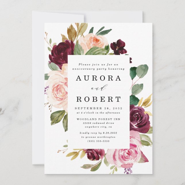 Invitation Fête d'anniversaire de mariage Burgundy Blush Rose (Devant)