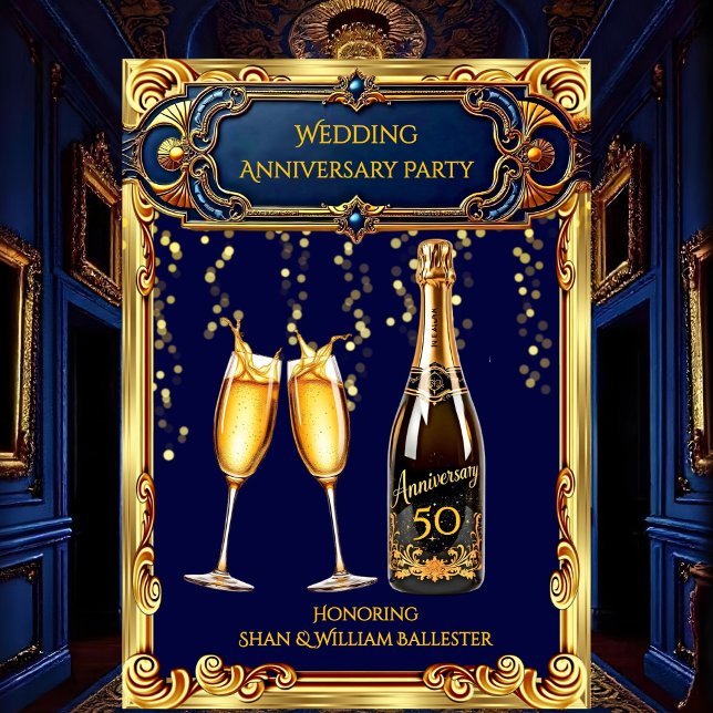 Invitation Fête d'anniversaire de mariage Champagne Bleu Or (Créateur téléchargé)