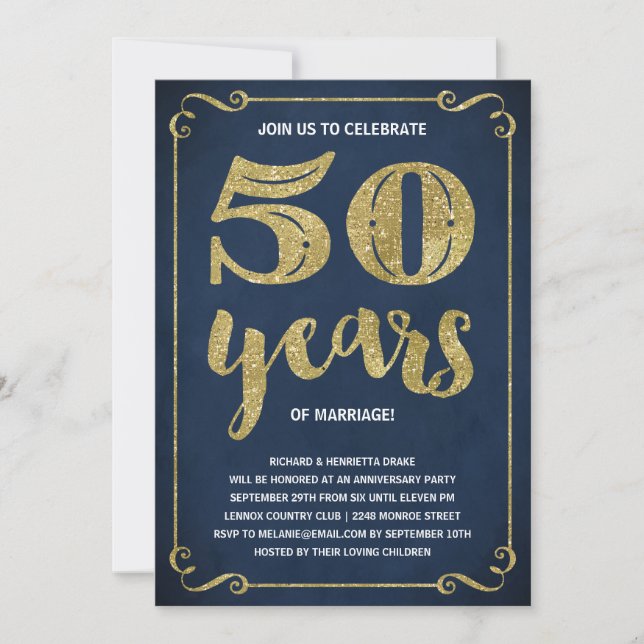 Invitation Fête d'anniversaire de mariage de 50 ans dorée (Devant)