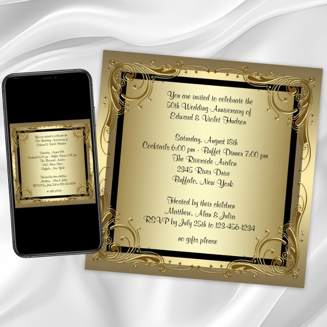 Invitation Fête d'anniversaire de mariage de 50 ans Elegant O (Elegant Gold 50th Wedding Anniversary Party Invitation with gold swirl border. Any event or occasion)