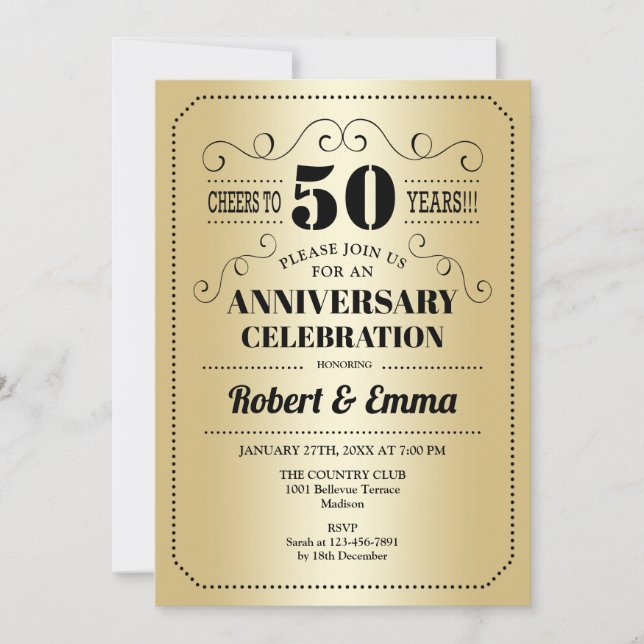 Invitation Fête d'anniversaire de mariage de 50 ans - Or Noir (Devant)