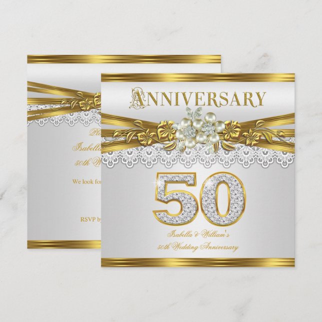Invitation Fête d'anniversaire de mariage de 50 ans perle bla (Devant / Derrière)