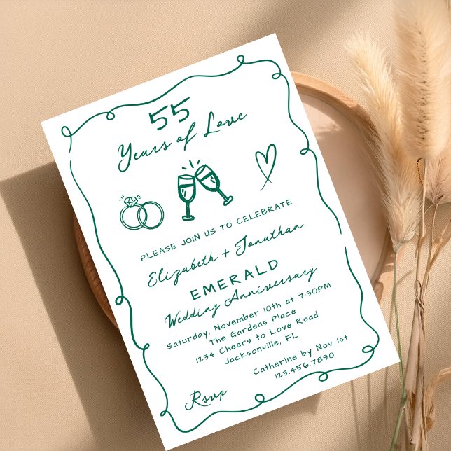 Invitation Fête d'anniversaire de mariage de 55 ans dessinée  (Créateur téléchargé)