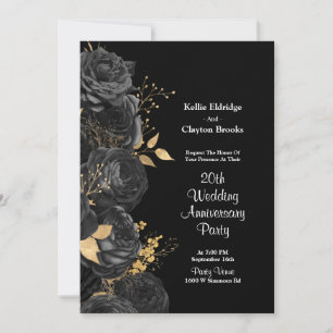 Invitation Fête d'anniversaire de mariage floral noir et or