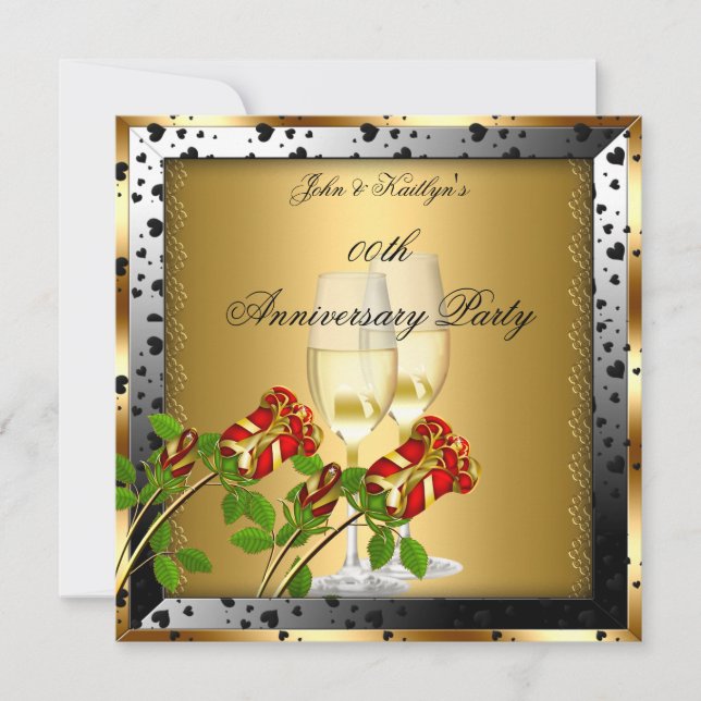 Invitation Fête d'anniversaire de mariage Rose floral or roug (Devant)