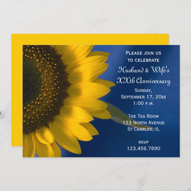 Invitation Fête d'anniversaire de mariage Tournesol sur Bleu (Devant / Derrière)