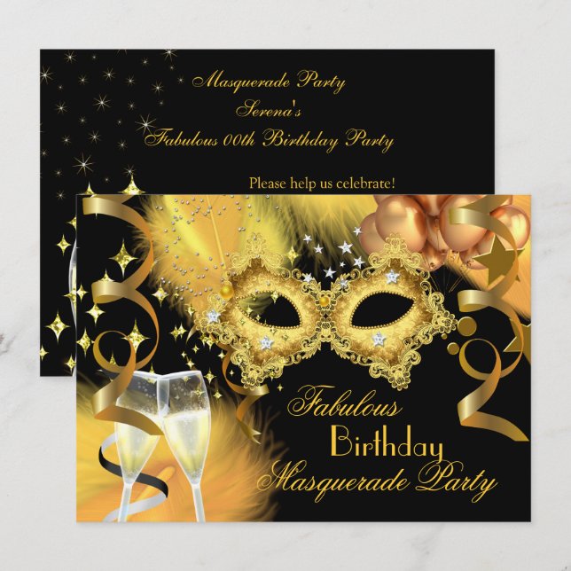 Invitation Fête d'anniversaire de masquerade noire or fabuleu (Devant / Derrière)