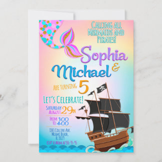 Invitation Fête d'anniversaire de Mermaid et Pirate
