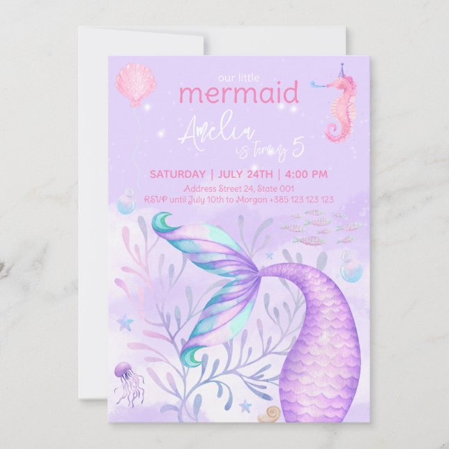 Invitation Fête d'anniversaire de Mermaid Watercolor (Devant)