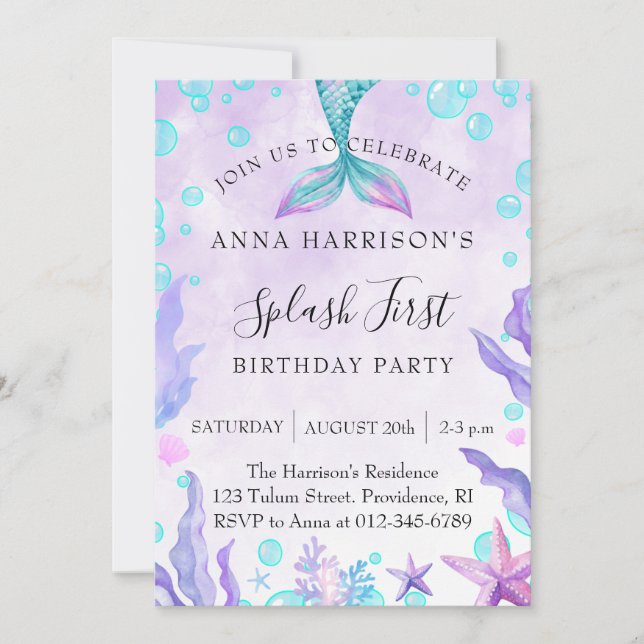Invitation Fête d'anniversaire de Mermaid Watercolor (Devant)