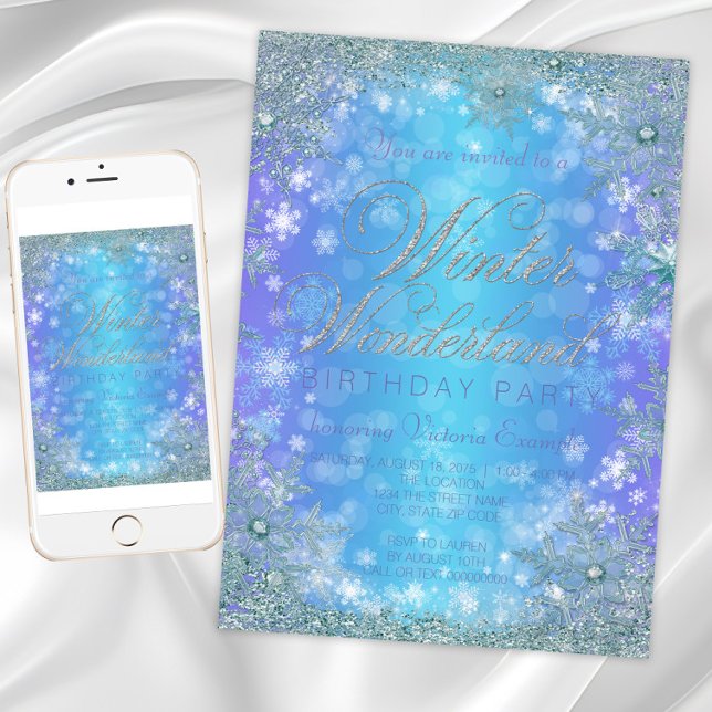 Invitation Fête d'anniversaire de merveilleux hiver gelé (Frozen Winter Wonderland Birthday Party Invitation. Download and printed invitations available.)