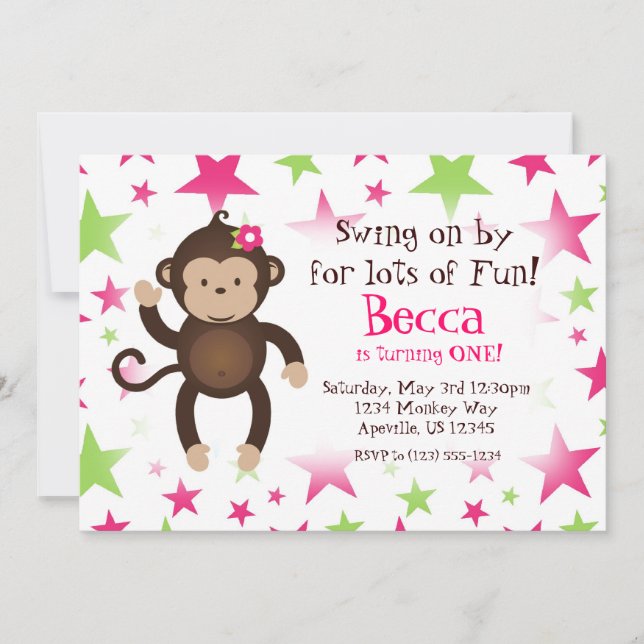 Invitation Fête d'anniversaire de Mod Monkey Pink et Green St (Devant)