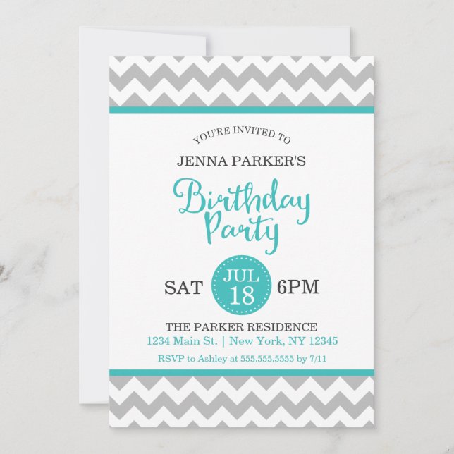Invitation Fête d'anniversaire de Modern Grey et Turquoise Ch (Devant)