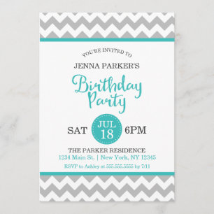 Invitation Fête d'anniversaire de Modern Grey et Turquoise Ch
