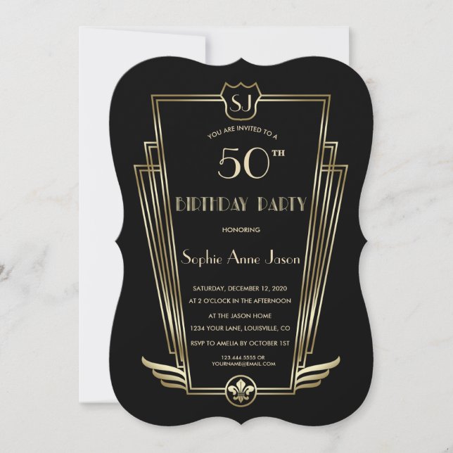 Invitation Fête d'anniversaire de monogramme Art Déco noir or (Devant)