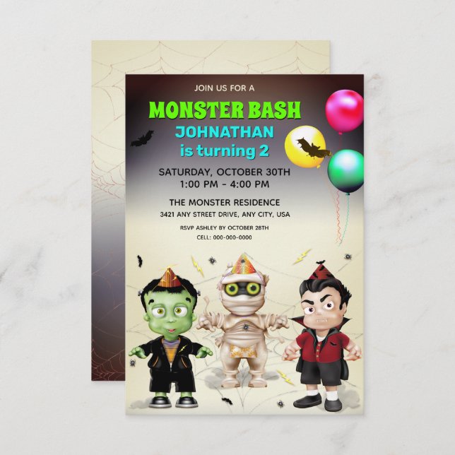 Invitation Fête d'anniversaire de Monster (Devant / Derrière)