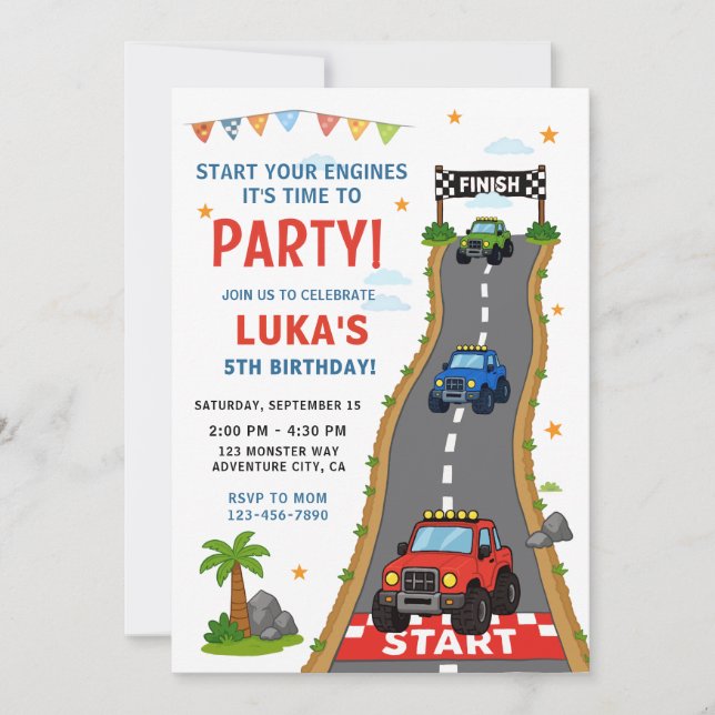Invitation Fête d'anniversaire de Monster Truck (Devant)