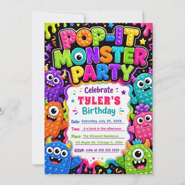 Invitation Fête d'anniversaire de monstre mignon Pop It (Devant)