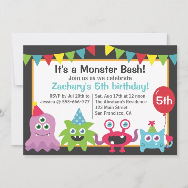 Invitation Fête d'anniversaire de monstre mignon pour enfants (Devant)