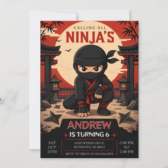 Invitation Fête d'anniversaire de Ninjas personnalisés (Devant)