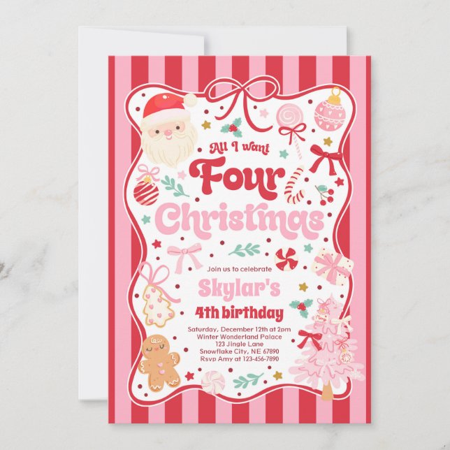 Invitation Fête d'anniversaire de Noël 4 ans Coquette Bow Ann (Devant)