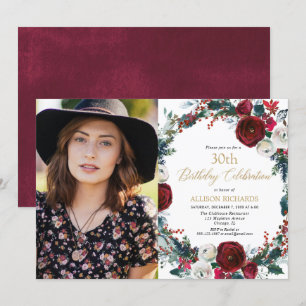 Invitation Fête d'anniversaire de Noël bougogne or photo