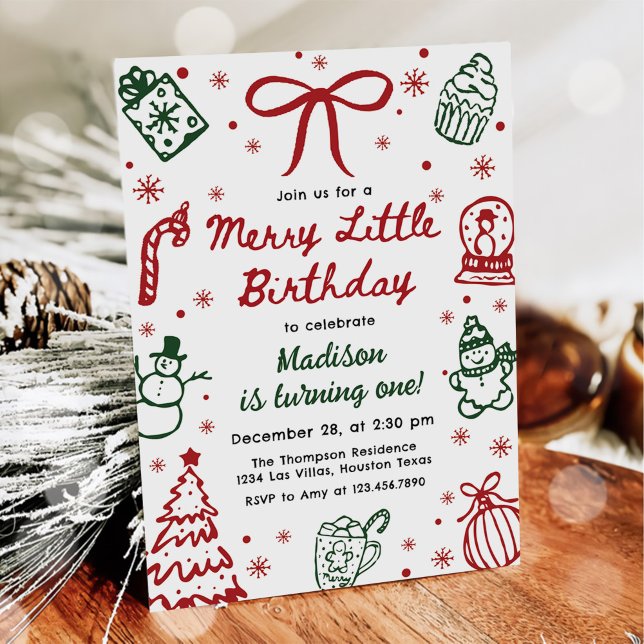 Invitation Fête d'anniversaire de Noël dessinée à la main rou (Créateur téléchargé)
