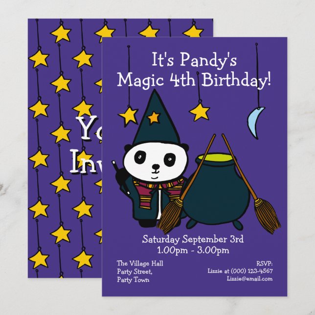 Invitation Fête d'anniversaire de Panda Magicien Mignon (Devant / Derrière)