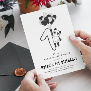 Invitation Fête d'anniversaire de Panda Noir & Blanc Minimal 